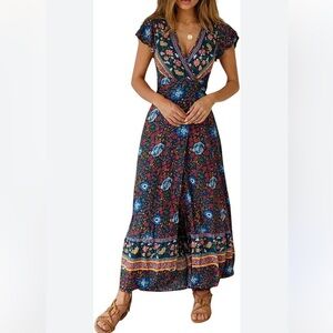 Temofon NWT Boho Navy Floral Print Wrap Vneck Long Dress Size Medium MSRP $55